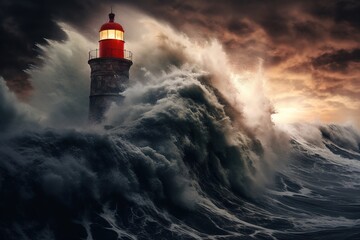 Terrifying huge Storm waves hitting light house at night