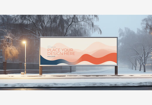 City Street Billboard Mockup Template: Nighttime Snowy Street Corner with Street Lights, Lamps, and Landscape.