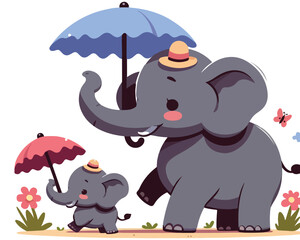 Cute baby and mother elephant cartoon character. Silhouette clip art vector illustration