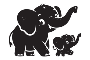 Cute baby and mother elephant cartoon character. Silhouette clip art vector illustration