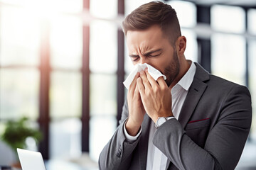 Man sick with flu and runny nose and blowing his nose into a paper napkin - obrazy, fototapety, plakaty
