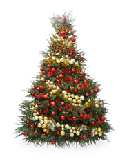 Beautiful Christmas tree decorated with ornaments and garland isolated on white