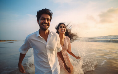 young indian couple enjoying at sea beach - obrazy, fototapety, plakaty