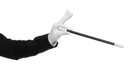 Magician holding wand on white background, closeup