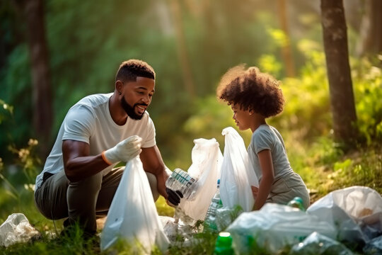 Nature cleaning. A black family, a father with a child and a girl with garbage bags in their hands, collects garbage. Close-up. Soft sunlight, blur.