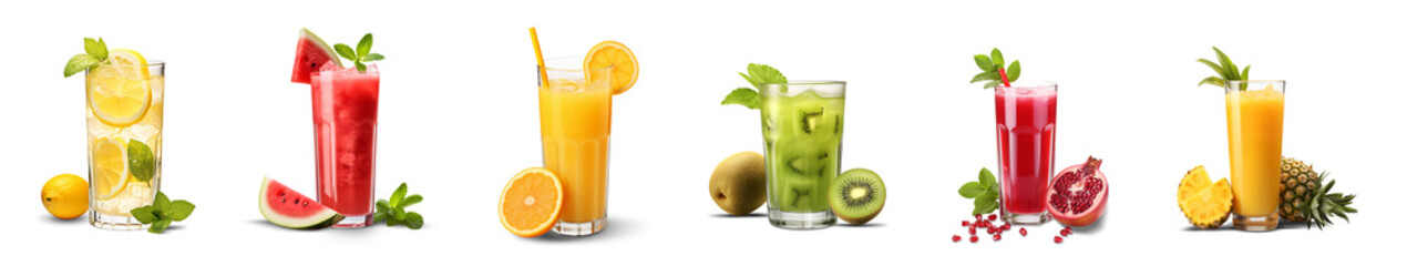 Set of glasses with fruit juices isolated on transparent background. Generative AI - obrazy, fototapety, plakaty