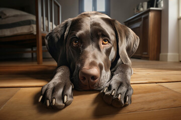 Lonely bored black labrador dog waiting at home, lying alone on wooden floor, close-up portrait
