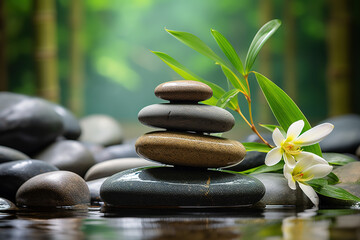 Obraz na płótnie Canvas Relaxing wellness background with stones and bamboo waterfall background. Generative AI