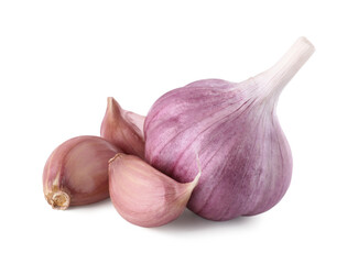 Fresh raw garlic head and cloves isolated on white
