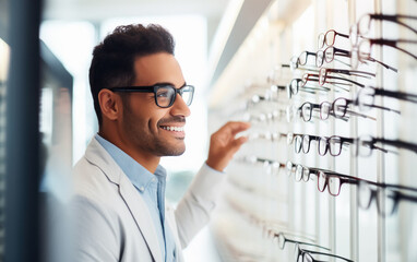 Handsome man choosing glasses in optics store - obrazy, fototapety, plakaty