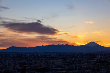 夕焼けと富士山と街