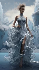 Foto auf Leinwand houte couture dress in crystal and animal patterns on a glacier © medienvirus