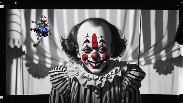 portrait of a funny unpleasant comic clown in a black and white suit with a red nose.