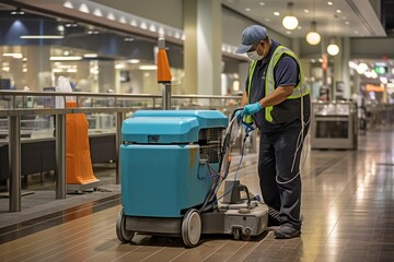 In this realistic photo, a skilled sanitation technician is captured in action, meticulously cleaning a public area with precision and efficiency. The image showcases the technician - obrazy, fototapety, plakaty