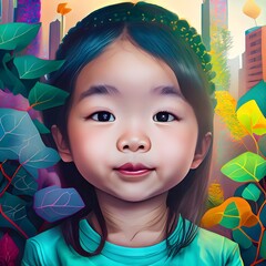 Portrait of a small Asian girl  with nature and city.