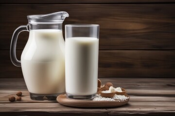 Jug and glass of fresh milk on wooden table 