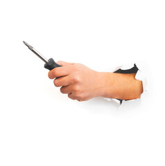Metal and plastic tool screwdriver in hand for repair . isolated on a white background
