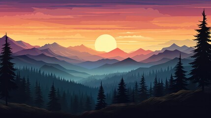 Obraz premium Peaceful landscape forest mountains nature background - Illustration of forest pine tree valley view, mountains and sunset or sunrise