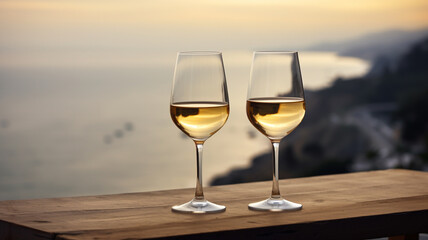 White wine in glasses, sea view in the background, sunset	