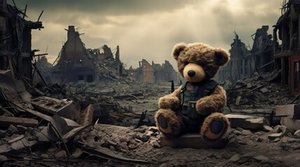 War background with destroyed city buildings - Teddy bear sits on the ruins of a bombed city - obrazy, fototapety, plakaty