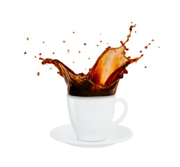 Cup of splashing coffee isolated on white background
