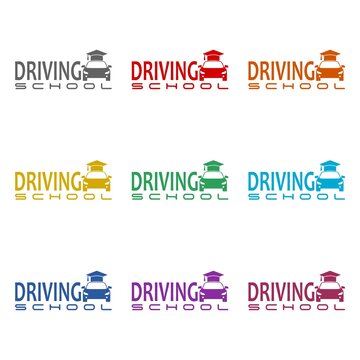 Driving school logo  icon isolated on white background. Set icons colorful