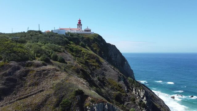 Lighthouse in Portugal, Cabo da Roca, Atlantic Ocean, Drone 4K View, Scenic