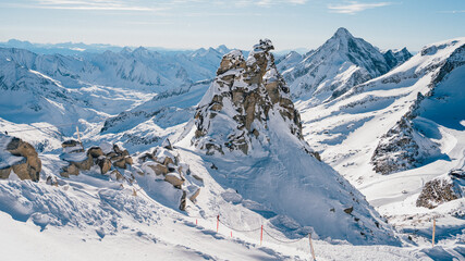 Peaks of Hintertux Glacier ski resort in Tyrol in Mayrhofen in Zillertal valley of Austria in...