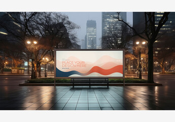 City Street Billboard Mockup Template with Large White Screen, Park Bench, and Nighttime City Skyline Background