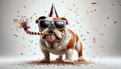 Party animal concept. English Bulldog at party wearing party hat and striped horn. Funny bullgog celebrating party birthday or carnival wearing party hat. - obrazy, fototapety, plakaty