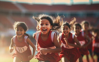Fototapeta premium happy indian kids running at sports stadium