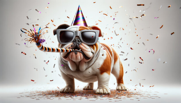 Party animal concept. English Bulldog at party wearing party hat and striped horn. Funny bullgog celebrating party birthday or carnival wearing party hat.