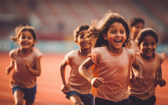 happy indian kids running at sports stadium