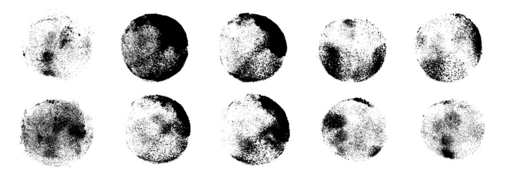 Brush paint vector textures. Sponge circle stamp texture. Hand drawn ink elements. Round sponge stamps, dry marks, splatter sprinkles. Set of grunge black artistic brushstroke design isolated circles