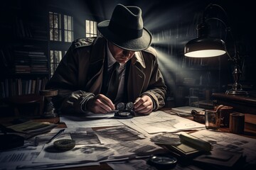 This compelling photo captures a private investigator in action, diligently conducting background research on an individual. The image showcases the investigator utilizing various resources - obrazy, fototapety, plakaty