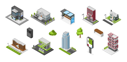 isometric city building and street elements set
