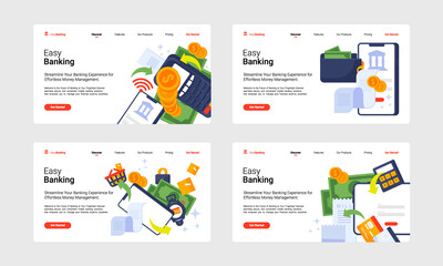 Flat mobile and digital banking services landing page template collection