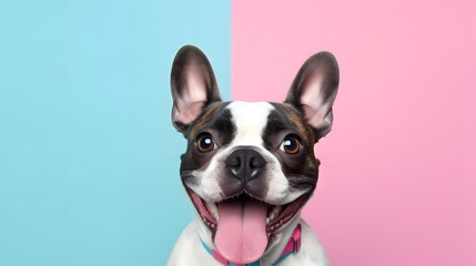 Happy French Bulldog with Tongue Out on Pastel Blue and Pink Background