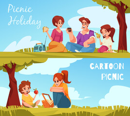 Cartoon picnic horizontal banner template collection with a family enjoying in a park