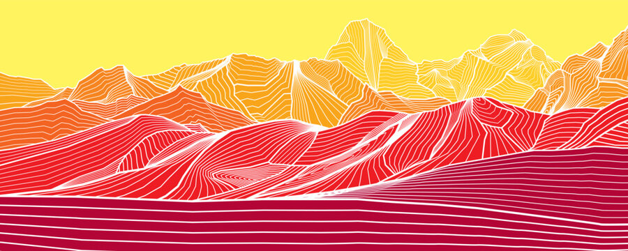 Mountains outline illustration. Color Himalayas landscape. Colorful hills. Multicolored abstract glass shapes, modern background. Vector design art