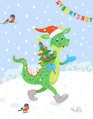 Obraz na płótnie Canvas Happy New Year! Funny little dragon in felt boots walks through a winter meadow with a decorated Christmas tree in hands. Card in cartoon style. Vector flat illustration. 