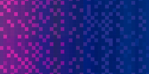 Fototapeta premium Pixel Motiv in leuchtenden bunten lila und blau Neon Farben als Hintergrundmotiv für Webdesign im Querformat für Banner, ai generativ