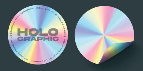 Vector holographic realistic round adhesive stickers with curved corner on transparent background.