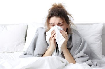 Influenza, sick woman under blanket with a napkin on a sofa, generative ai