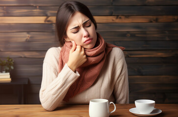 Sore throat, portrait of a woman in scarf holding her throat, generative ai