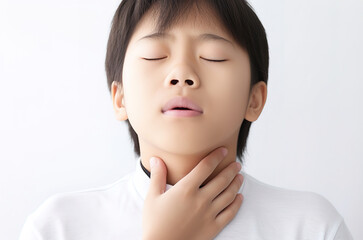 Sore throat, portrait of a young boy holding his throat, generative ai