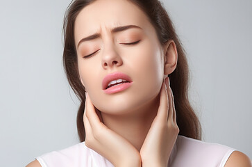 Sore throat, portrait of a woman holding her throat, generative ai
