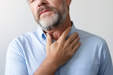 Sore throat, close up portrait of a man holding his throat, generative ai