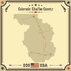 Large and accurate map of Chaffee County, Colorado, USA with vintage colors.