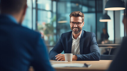 Handsome young businessman wearing an elegant suit with glasses, having a meeting with company employees or workers, sitting at the office table, corporation future plans, job hiring interview - obrazy, fototapety, plakaty